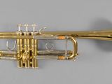 a gold trumpet that is sitting on a gray surface