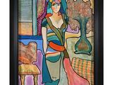 un tableau représentant une femme en robe colorée, debout à côté d'un vase