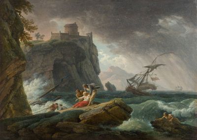 une image représentant un tableau où l'on voit des personnes dans un bateau au large d'une côte rocheuse