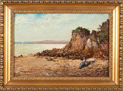 an image of a painting of a beach scene with a boat in the distance