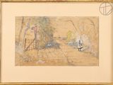 an image of a painting of a man and a dog in a field