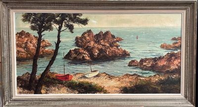 a picture of a painting of a boat on the water