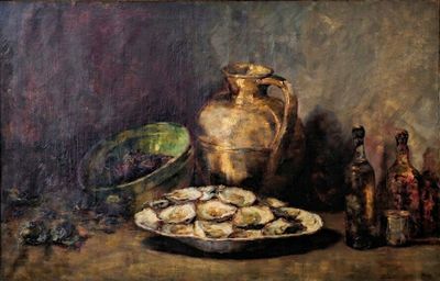 tableau représentant une nature morte avec des huîtres et des bouteilles de vin