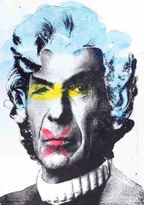 painting of a man with blue hair and yellow glasses on a white background
