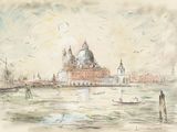 dessin représentant une vue d'une ville avec un bateau sur l'eau
