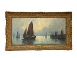painting of boats in the water with a sky background