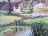a painting of a house with a pond in front of it