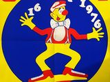 yellow and blue sign with a cartoon character on it