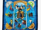 blue silk scarf with a picture of a circus scene on it
