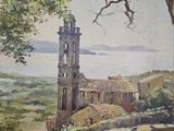 a painting of a church tower in the middle of a field
