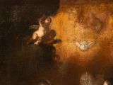 painting of a group of people in a dark room with angels and doves