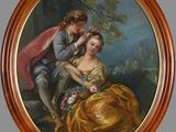 tableau représentant un homme en train de peigner les cheveux d'une femme dans un décor boisé