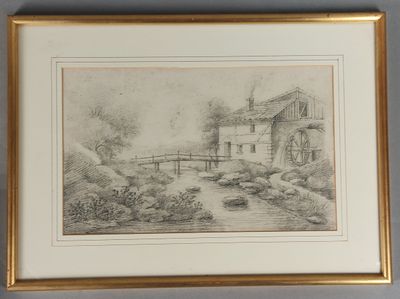 un vieux dessin représentant un pont au-dessus d'une rivière, avec une maison en arrière-plan