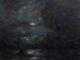 a painting of people standing on a beach under a cloudy sky