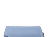 the blue leather wallet is open and ready to be used