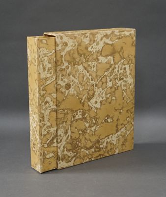 une image représentant un livre aux pages marbrées de brun et de blanc posé sur une surface grise