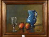 an oil painting of a blue pitcher and two apples next to a wine glass