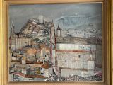 a painting of a city with a mountain in the background
