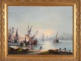oil painting of boats in a harbor with people on the shore