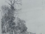pencil drawing of a road with trees and a fence in the distance