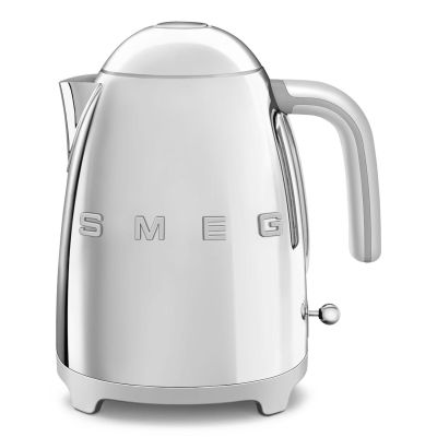 a close up of a silver kettle on a white background