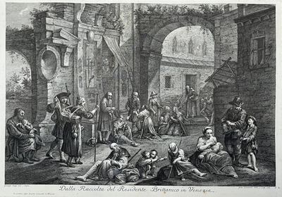 illustration of a group of people in a courtyard with a man holding a sword