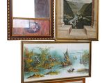 three framed paintings of a landscape and a boat on a white background