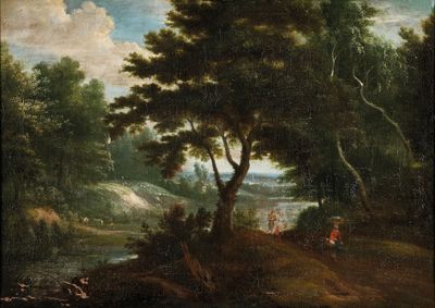 une image représentant un tableau représentant un paysage boisé avec une rivière