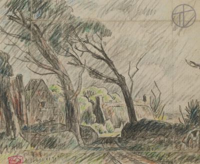 a drawing of a street with trees and a building in the background