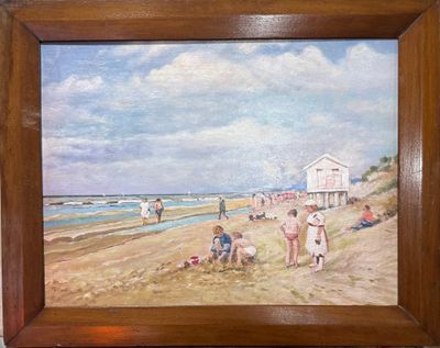 une peinture de personnes sur la plage au bord de l'eau