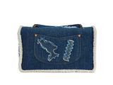 the small denim purse with embroidered details is on a white background