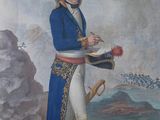tableau représentant un homme vêtu d'un manteau bleu et d'un pantalon blanc, tenant une épée