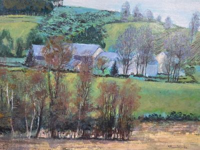 un tableau représentant un champ avec une maison au loin