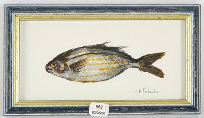 peinture représentant un poisson dans un cadre, sur fond blanc