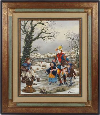 a painting of a group of people standing in the snow