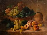 tableau représentant un panier de raisins et de pêches posé sur une table