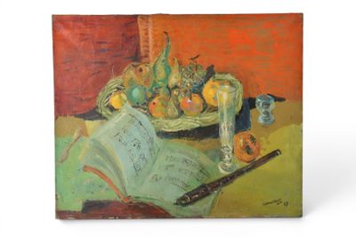une peinture à l'huile représentant un bol de fruits et un couteau posés sur une table