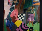 une image représentant un tableau où figurent une femme en robe rose et un homme en costume noir