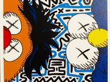 une image représentant une peinture d'un ours et d'un oiseau sur un fond bleu et blanc