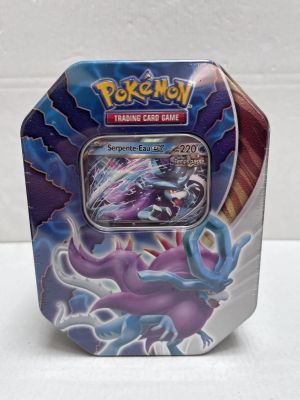 pokemon trading card game tin with a picture of a purple and blue dragon