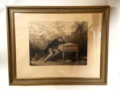 an old picture of a man sitting at a desk in front of a mountain