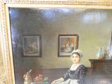 un tableau représentant une femme assise à une table dans une pièce