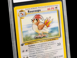 the pokemon card is in a clear plastic holder on a black background