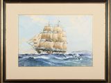 an oil painting of a sailing ship in the ocean