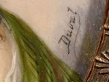 painting of a woman in a green dress with a feather on her head