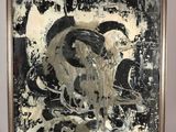an image of a painting of a black and white bird on a black background