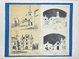 sketches of a church, a church and a church with a clock tower