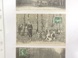 four pictures of people riding horses in the woods