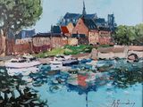 tableau représentant un tableau de bateaux dans un port, avec une église en arrière-plan
