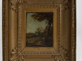 an old painting of a man and a dog in a wooded landscape
